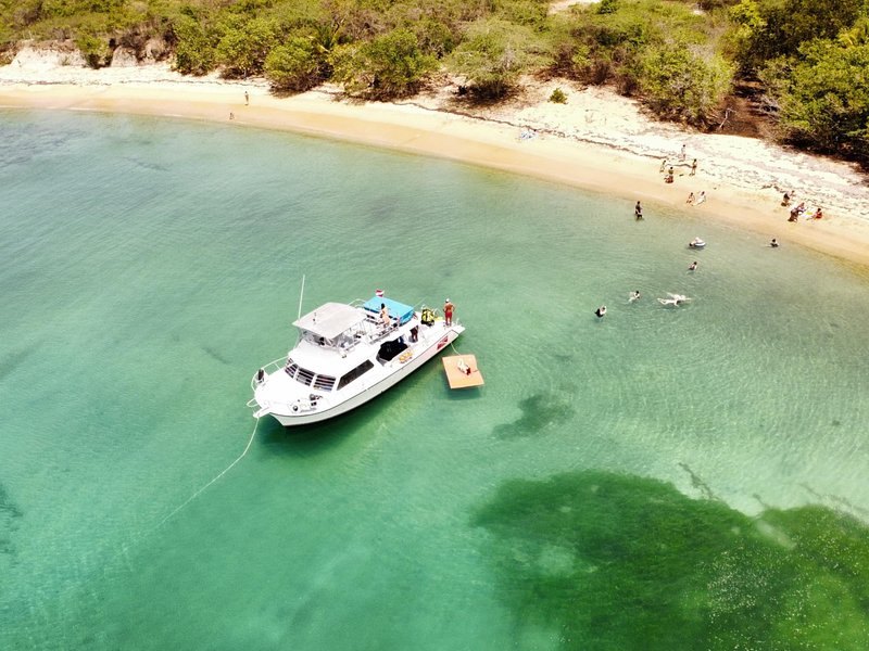 Aerial view of a tour boat anchored in a shallow green bay off a curving sand beach, swimmers near the shore