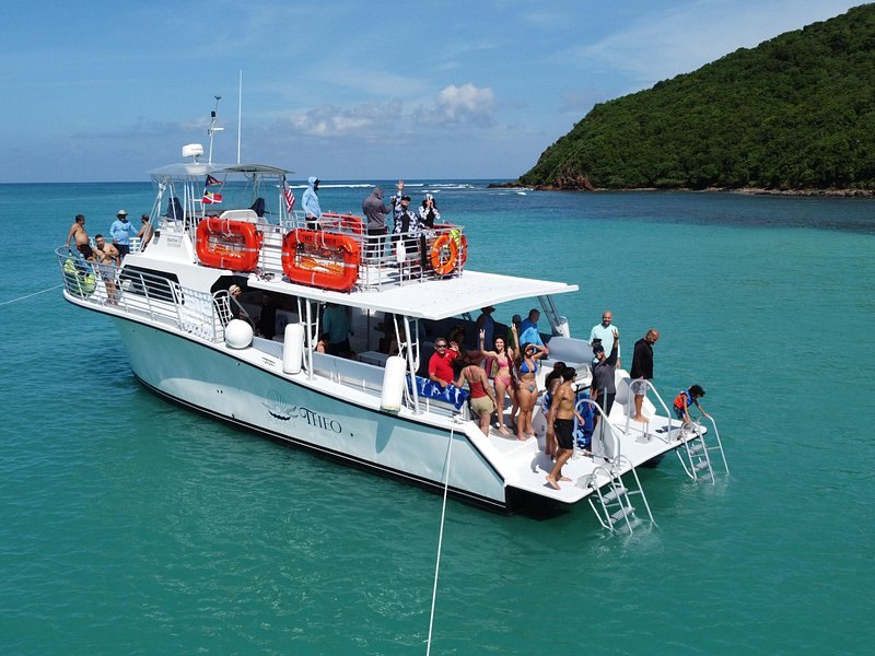 A two-deck snorkel boat anchored in clear water below a green headland